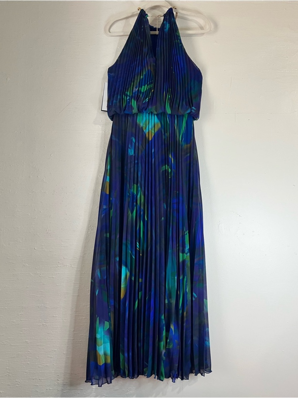 XSCAPE Pleated Blouson Halter Indigo Blue Dress w. Gold Snake Chain - Size 14P - Picture 4 of 14
